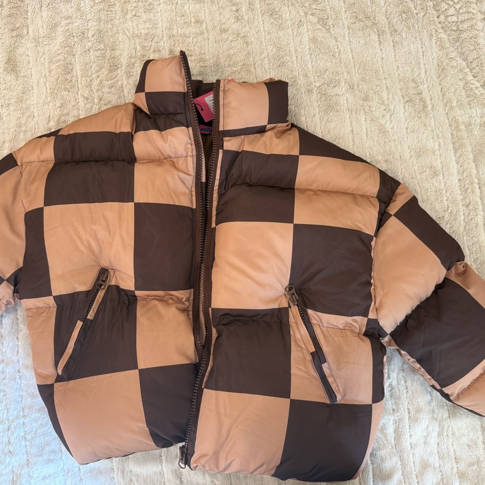 Edikted Brown and Tan Checkered Puffer Jacket